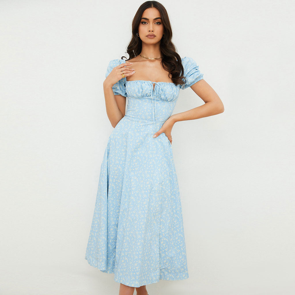 Daisy Printed Puff Sleeve High Slit Smock Maxi Sundress - Sky Blue