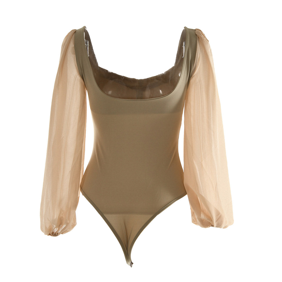 Elegant High Cut Mesh Puff Sleeves Sweetheart Bodysuit  - Khaki