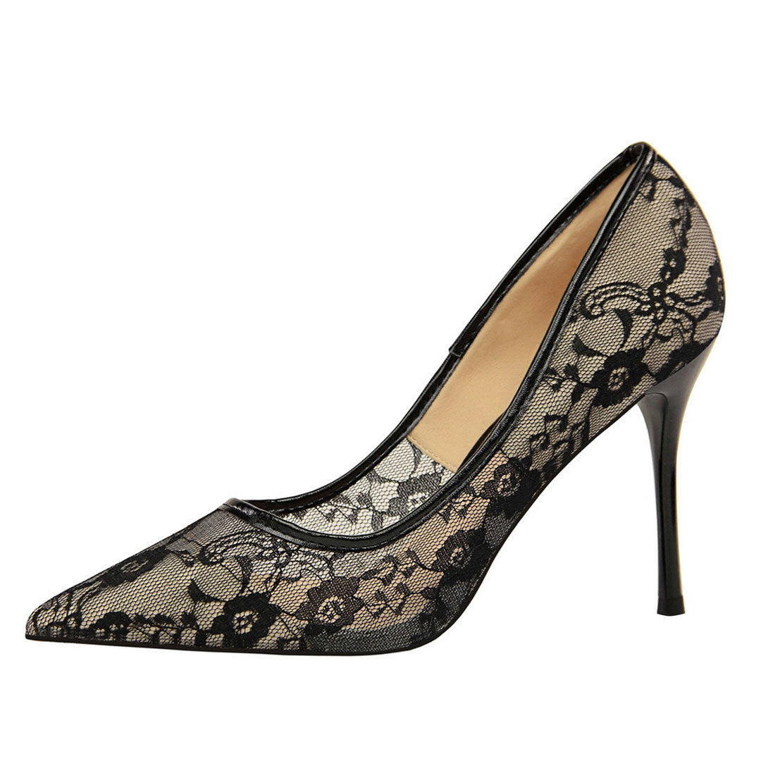 Elegant Pointed Toe Floral Lace Mesh Stiletto Heel Pumps - Black