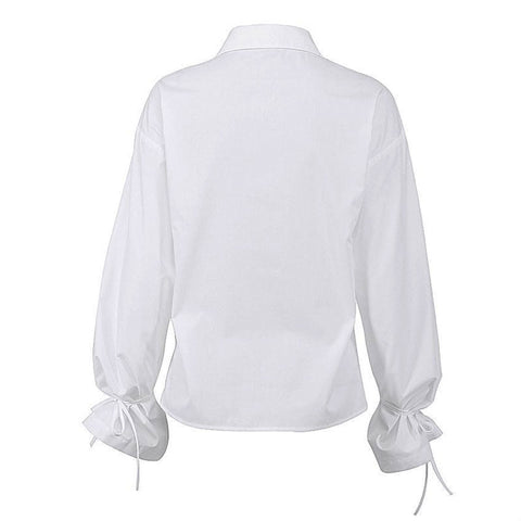 Enchanting Pointed Collar Button Down Drop Shoulder Bishop Sleeve Blouse - White