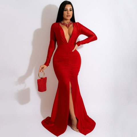 Fabulous Ruched Deep V Long Sleeve Split Trim Fishtail Formal Maxi Dress - Red