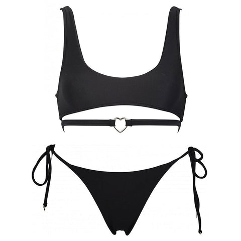 Fall in Love Metal Heart Tie String Bralette Bikini Set - Black