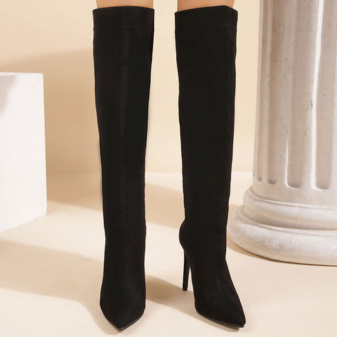 Fashionable Suede Pointed Toe High Heel Knee High Boots - Black