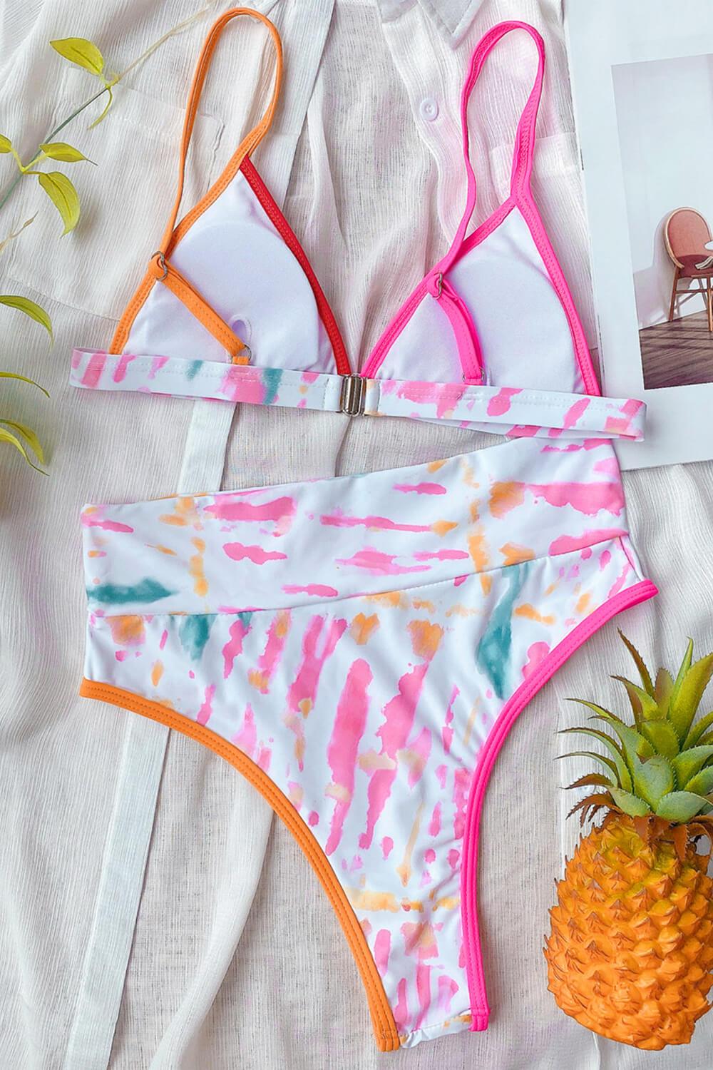 Pink Tie Dye Rib Triangle Bikini Top