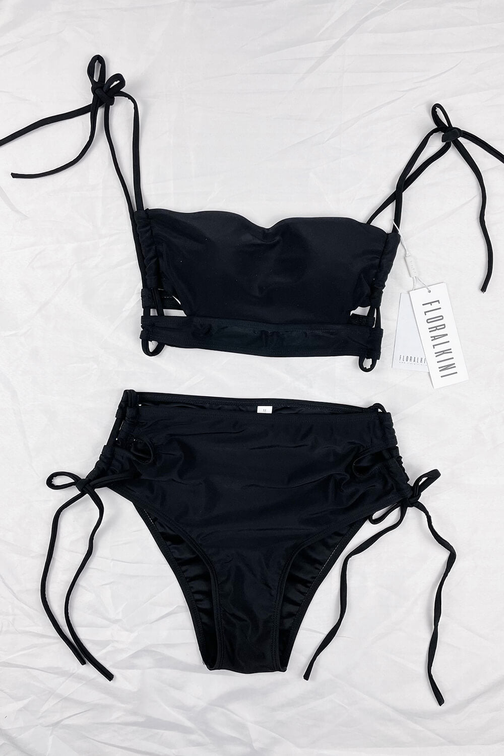 Black Lattice Side High Waisted Bikini Bottoms