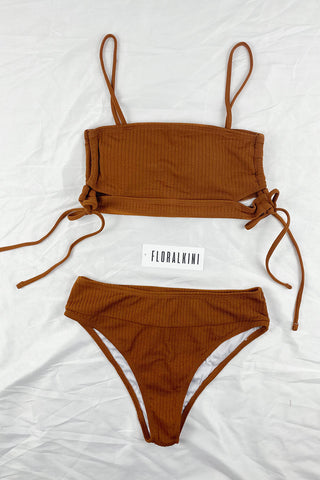 Brown Ribbed Criss Cross Cutout Lace-Up Side Long Line Bikini Top