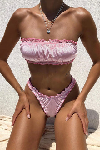 Pink Rib Velvet Ruched Bandeau Bikini Top