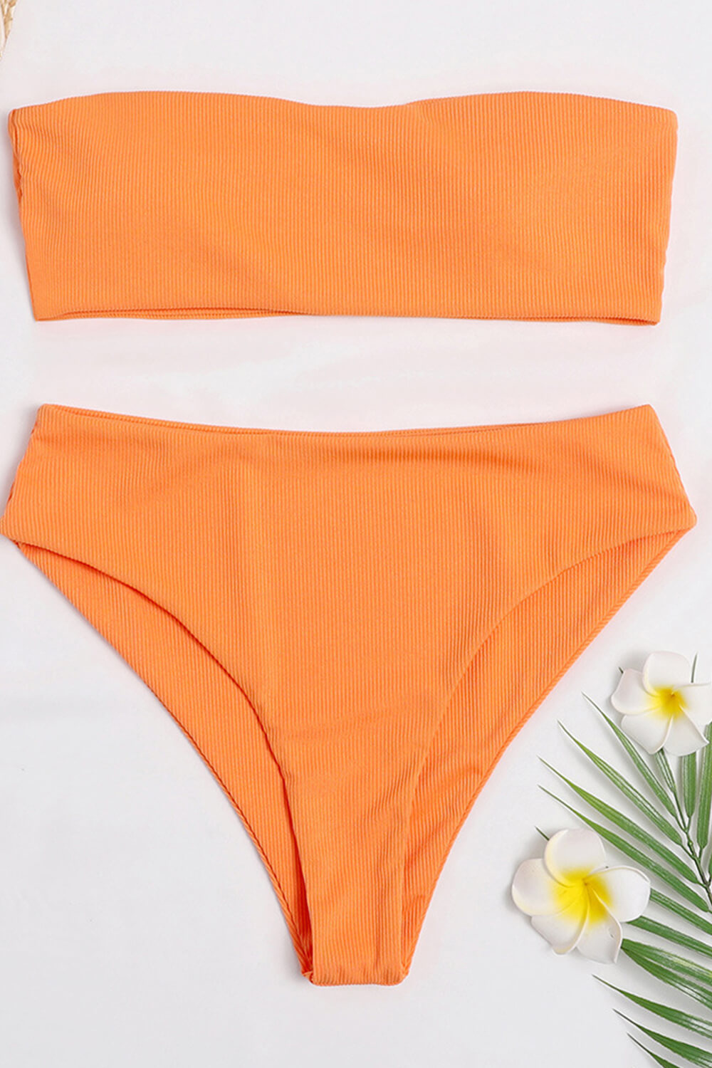 Orange Ribbed Bandeau Strapless Bikini Top