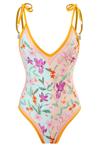 Floral & Island Print Plunge Reversible Tie-Shoulder One Piece Swimsuit