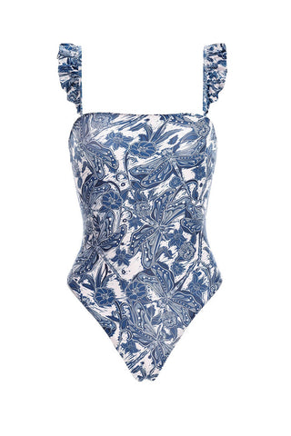 Blue Dragonfly Print Ruffle-Trimmed One Piece Swimsuit