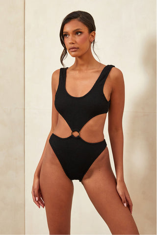 Crinkle Cut-Out Ring Middle One Piece Swimsuit - Black