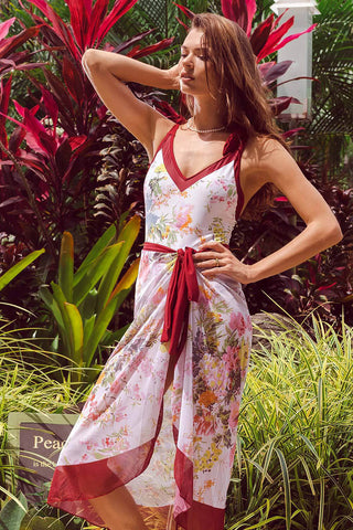 Burgundy Contrast Floral Print Plunge Tie-Shoulder One Piece Swimsuit