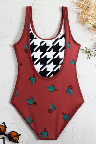 Houndstooth & Floral Print Reversible Open Back One Piece Swimsuit