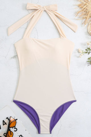 Color Block Halter Neck Open Back One Piece Swimsuit - Pink&Lilac