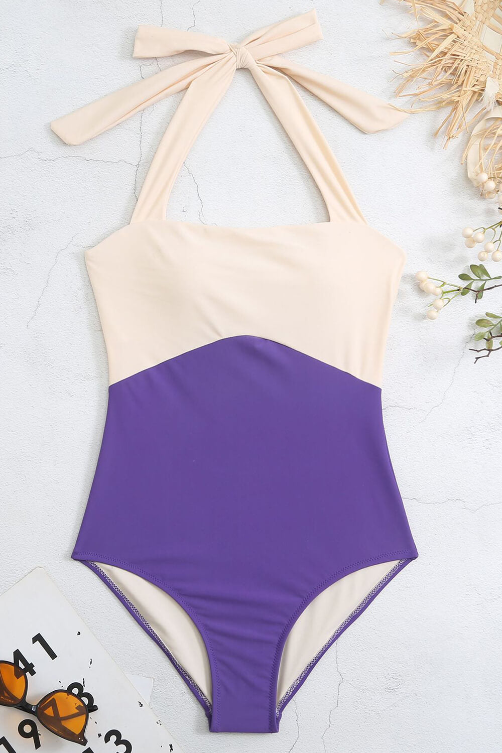 Color Block Halter Neck Open Back One Piece Swimsuit - Pink&Lilac