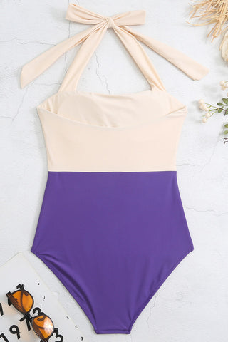 Color Block Halter Neck Open Back One Piece Swimsuit - Pink&Lilac