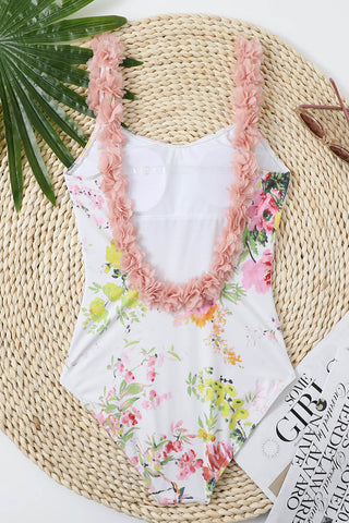 Floral Print Petals Open Back One Piece Swimsuit