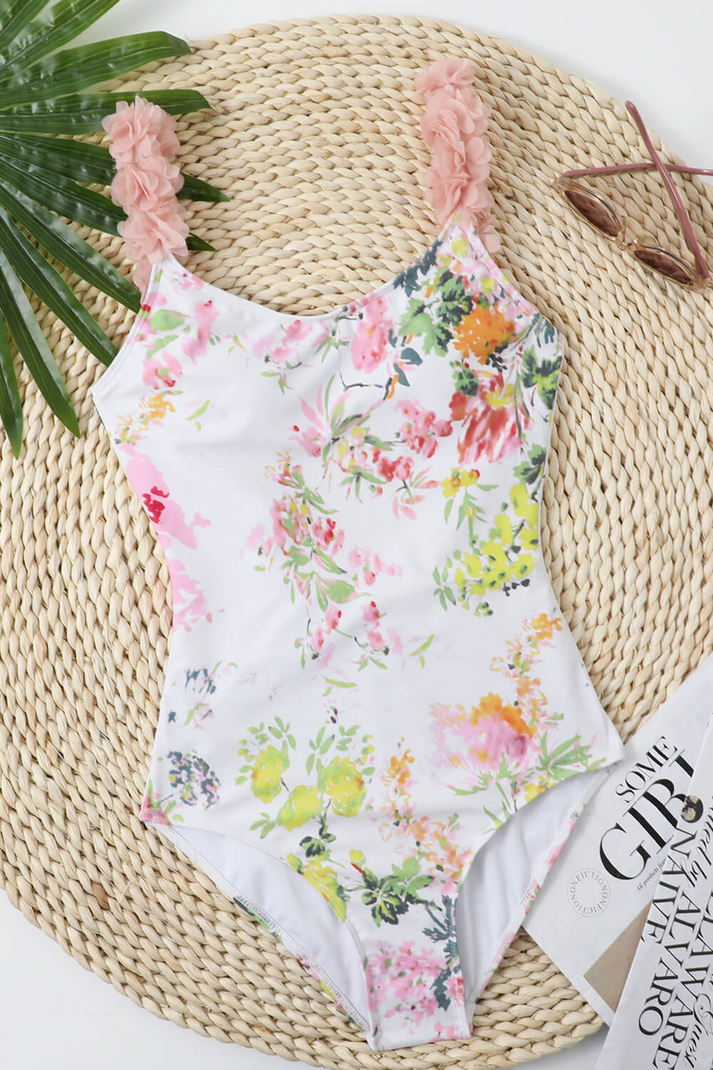 Floral Print Petals Open Back One Piece Swimsuit