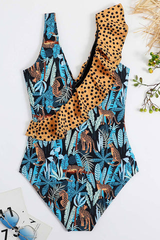 Midnight Jungle Leopard Print Frill Plunge One Piece Swimsuit