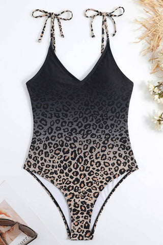 Leopard Print Plunge Tie-Shoulder One Piece Swimsuit