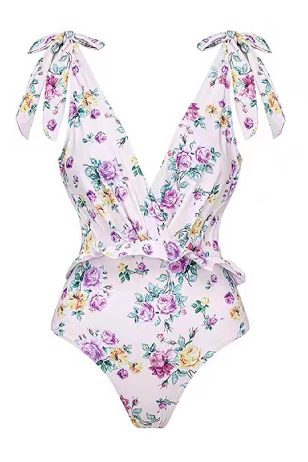 Roses Print Ruffled Plunge Tie-Shoulder Open Back One Piece Swimsuit