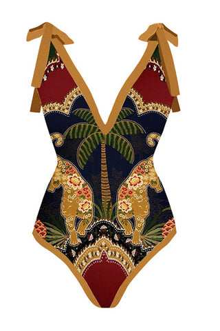 Leopard Print Plunge Tie-Shoulder One Piece Swimsuit