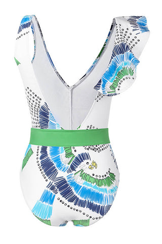 Eagle Print Asymmetric Ruffled Plunge Tie Waist One Piece Swimsuit - Green/Blue