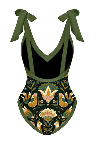 Mandarin Duck Print Plunge Tie-Shoulder One Piece Swimsuit