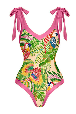 Macaw Leaves Print Plunge Tie-Shoulder One Piece Swimsuit