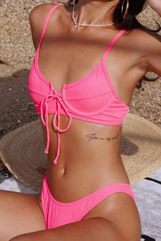 Hot Pink Ribbed Underwired Lace Up Bikini Set