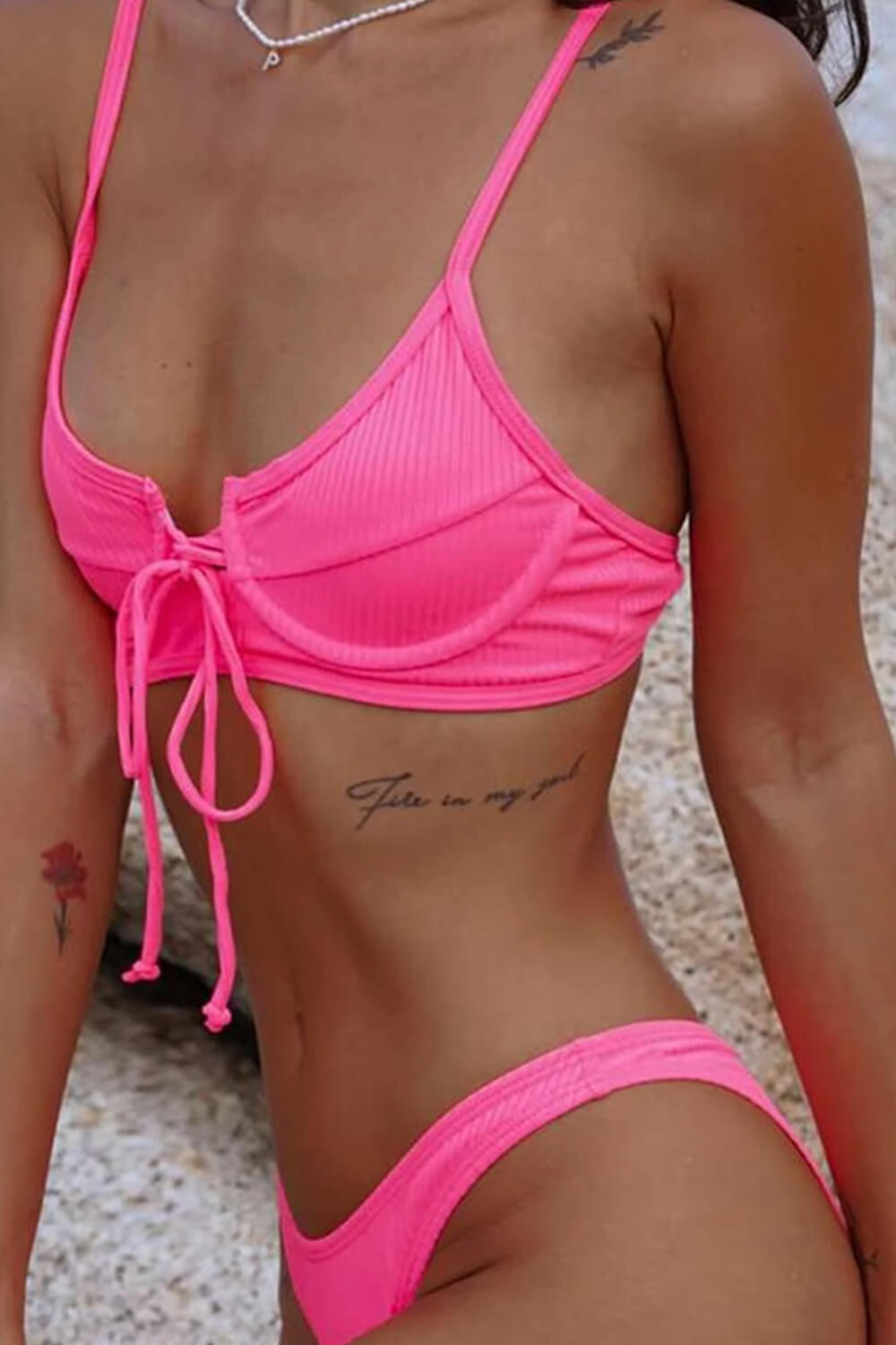 Hot Pink Ribbed Underwired Lace Up Bikini Set