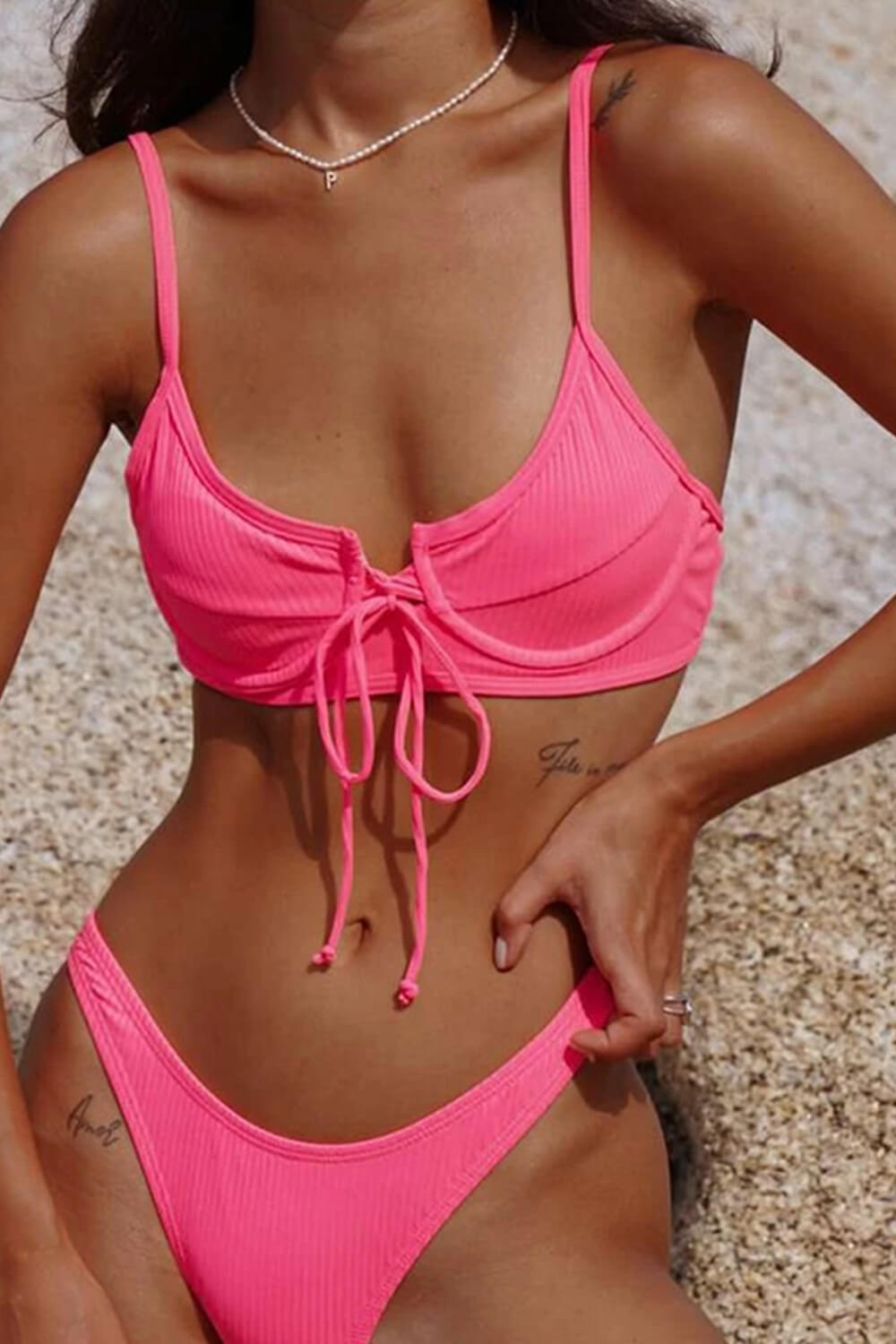 Hot Pink Ribbed Underwired Lace Up Bikini Set