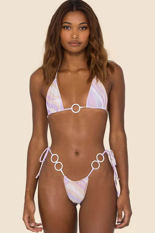 Vintage Patterned Triangle Halter Tie Side Bikini Set With O-Ring Detail