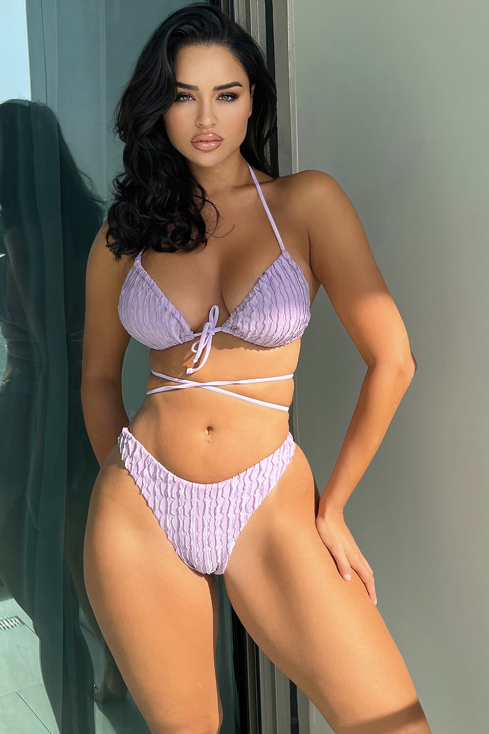 Lilac Textured Wrap Tie Front Bralette Halter High-Cut Bikini Set