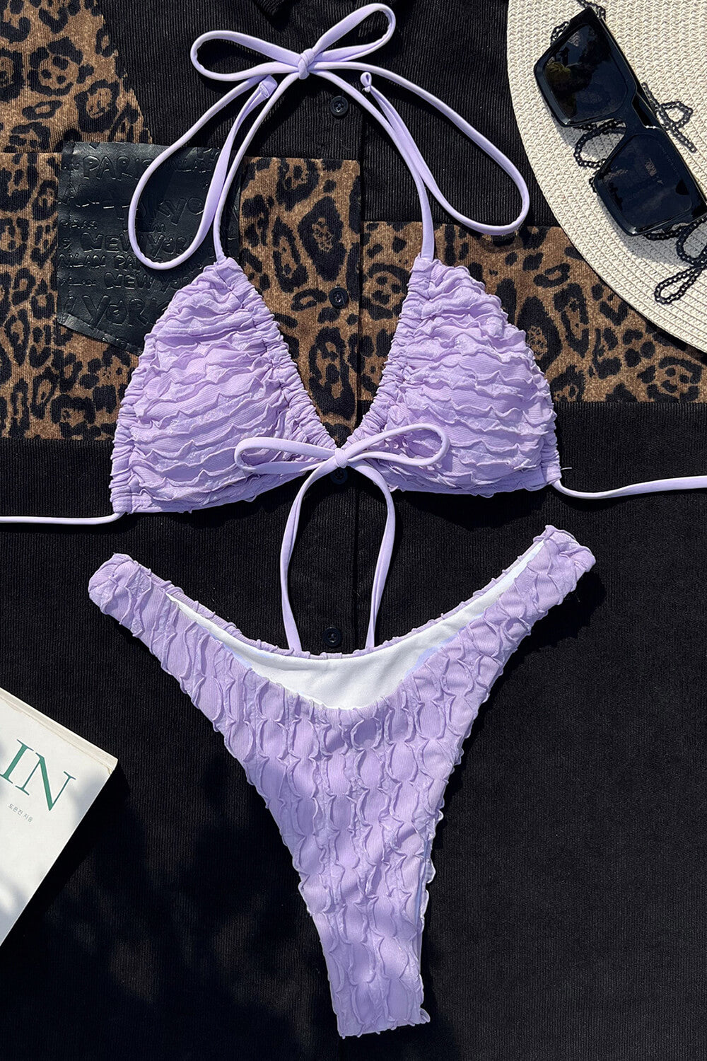 Lilac Textured Wrap Tie Front Bralette Halter High-Cut Bikini Set