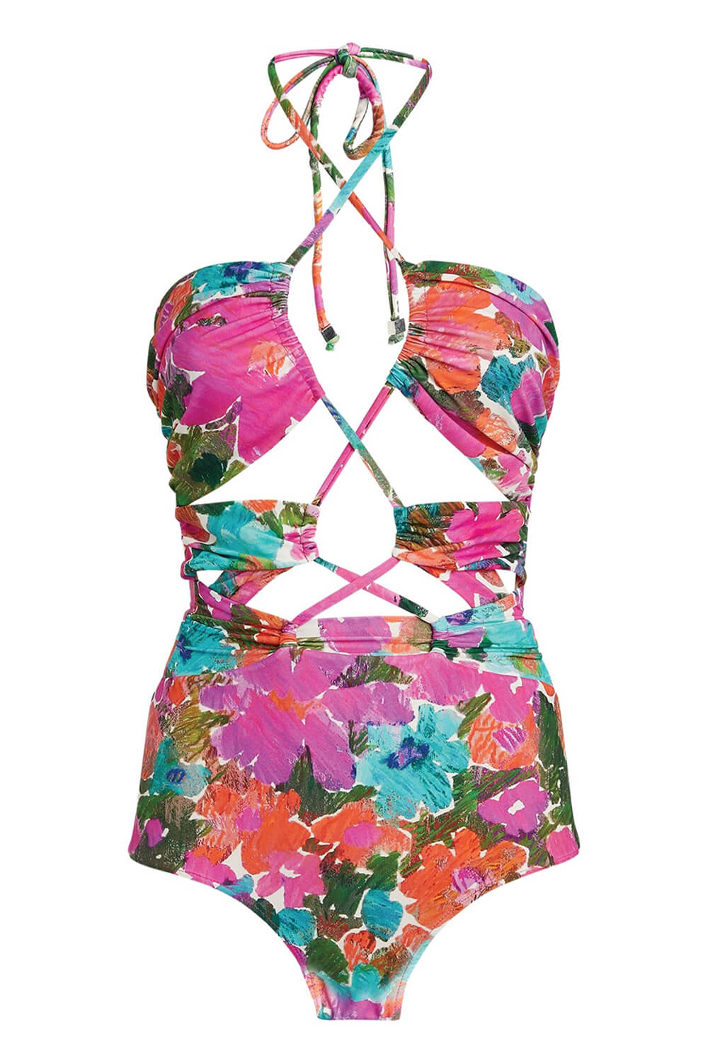 Floral Laceup Crossover Halterneck One Piece Swimsuit