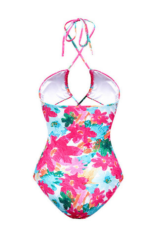 Floral Laceup Crossover Halterneck One Piece Swimsuit