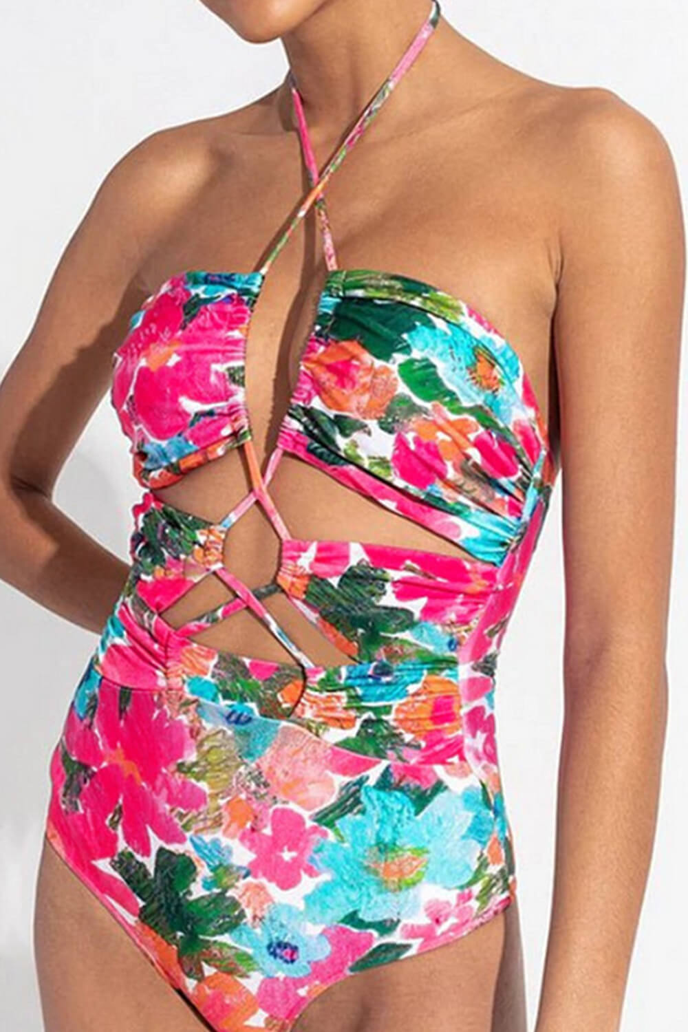 Floral Laceup Crossover Halterneck One Piece Swimsuit