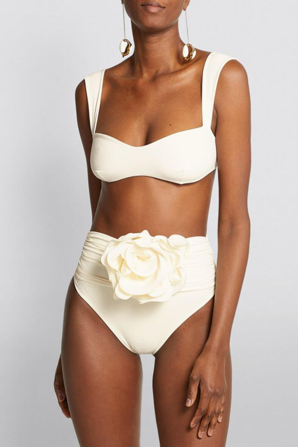 Bustier Rose Applique Ruched High-Wasited Bikini Set