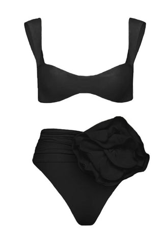 Bustier Rose Applique Ruched High-Wasited Bikini Set