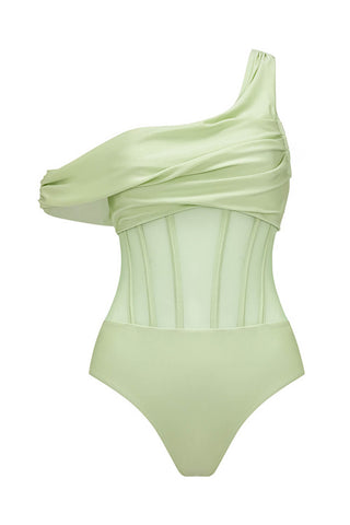 Pistachio Green Asymmetric Mesh Corset One Piece Swimsuit