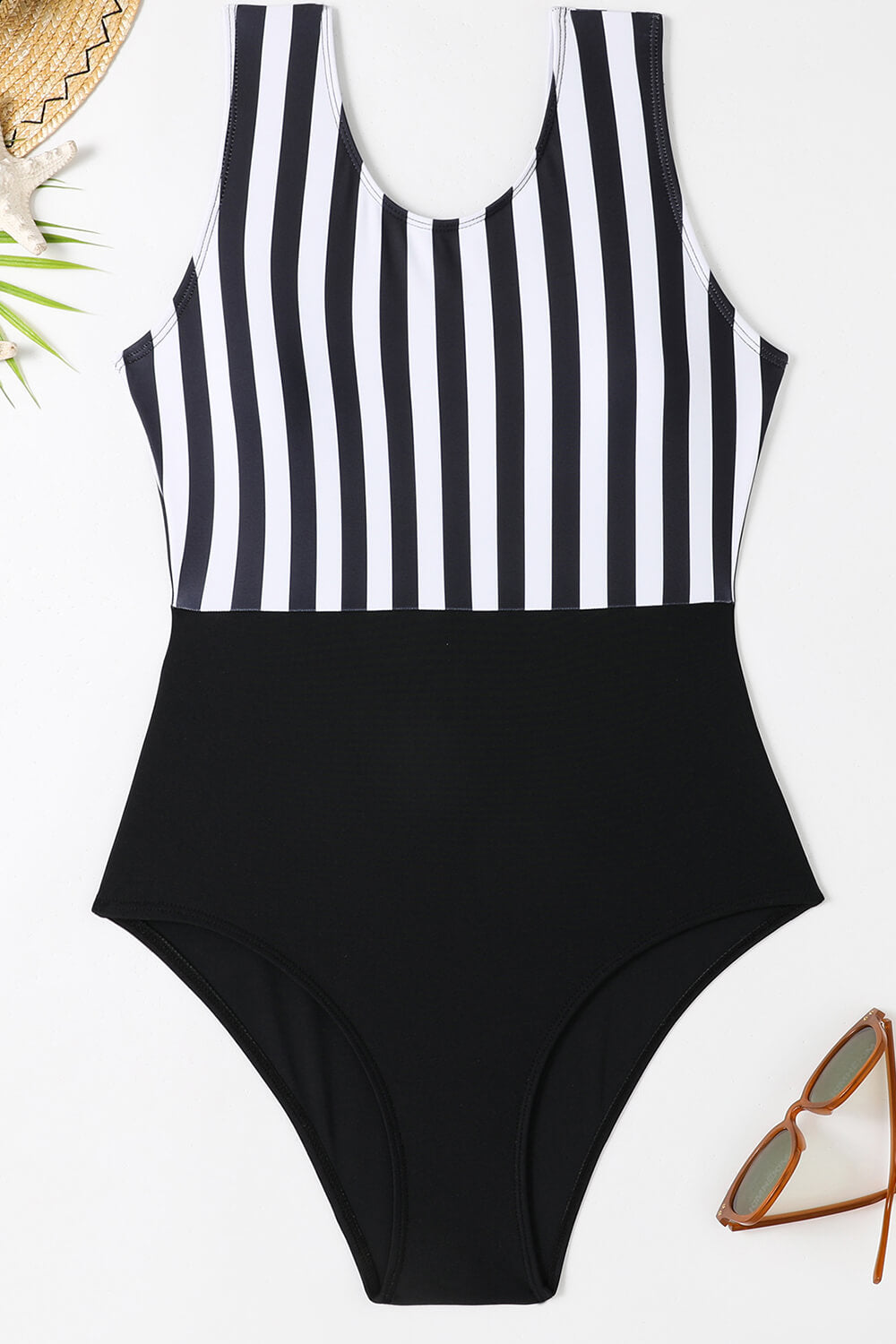 Black And White Striped Color Block One Piece Swimsuit