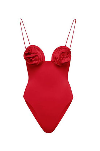 3D Flower Retro Bustier One Piece Swimsuit - Red