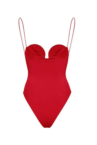 3D Flower Retro Bustier One Piece Swimsuit - Red