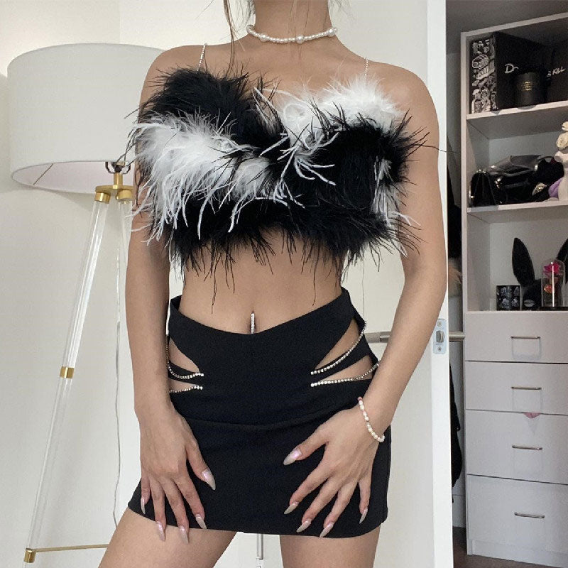 Fluffy Faux Feather Rhinestone Trim Spaghetti Strap Crop Top - Black