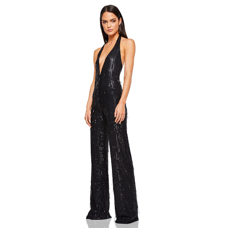 Glitter Sequin Fringe Plunge Backless Wide Leg Party Jumpsuit - Black