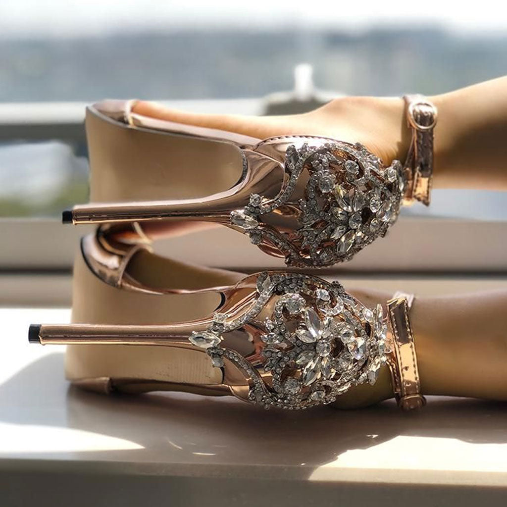 Glittering Gem Peep Toe Ankle Strap High Heel Sandals - Champagne