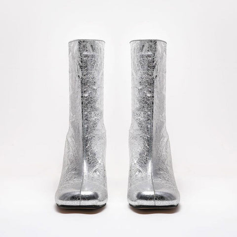 Glittering Metallic Trim Square Toe High Heel Ankle Boots - Silver