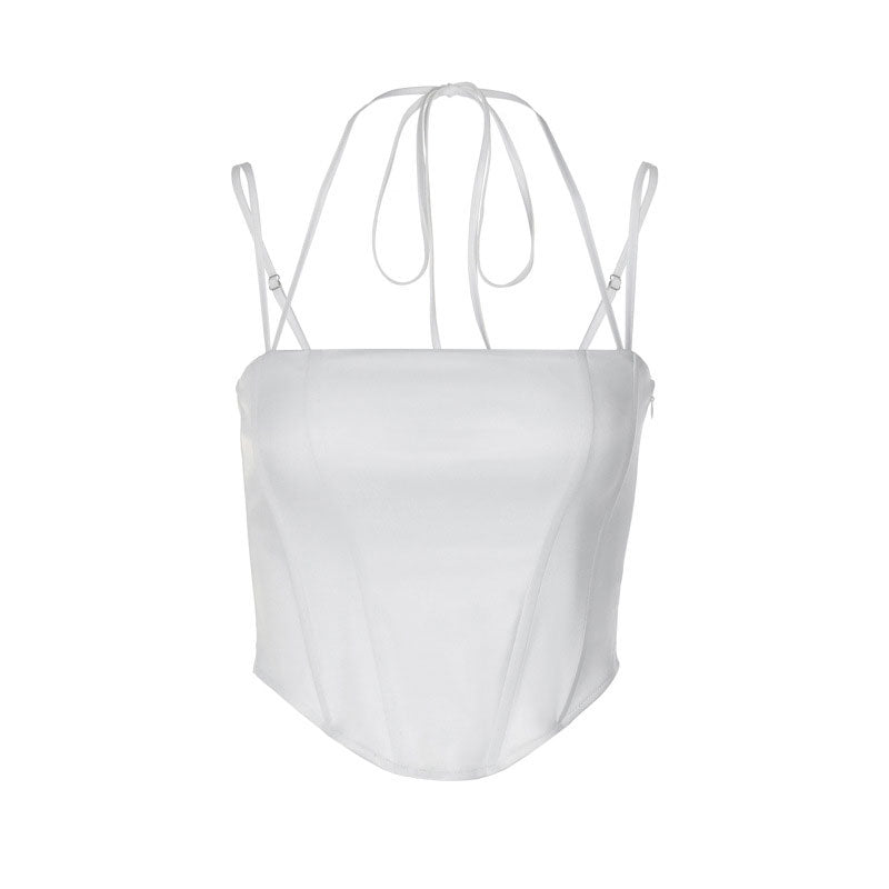 Glossy Curved Hem Spaghetti Strap Corset Halter Crop Top - White