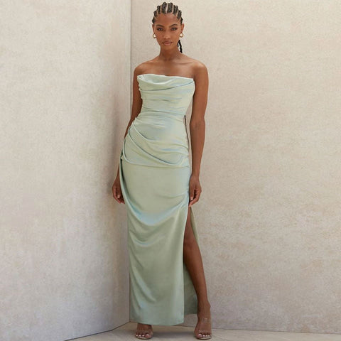 Glossy Satin Cowl Neck Strapless Slit Maxi Evening Dress - Green